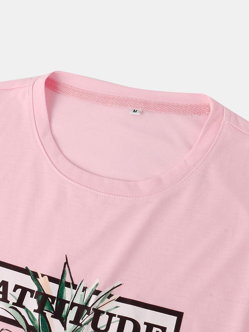 100% Katoenen Letterprint Ananaspatroon Roze Casual T-shirts Met Korte Mouwen