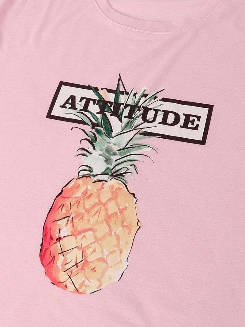 100% Katoenen Letterprint Ananaspatroon Roze Casual T-shirts Met Korte Mouwen