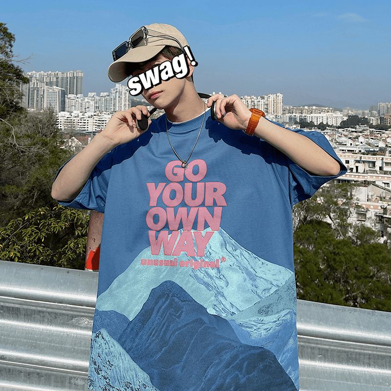 2024 Zomer Super Fire Snow Mountain Print Korte Mouwen T-shirt Mannelijke Tij Merk Straat Hiphop Halve Mouwen Tee