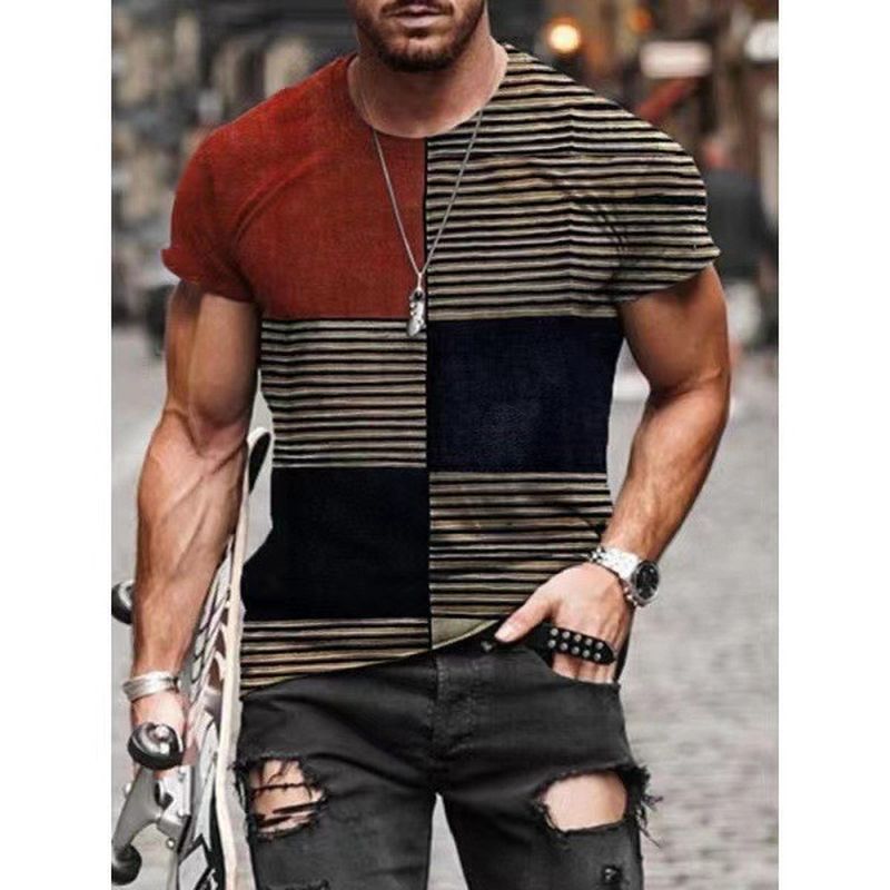 Gestreepte Kleuraanpassing Los Casual Heren-t-shirt Met Korte Mouwen En Ronde Hals