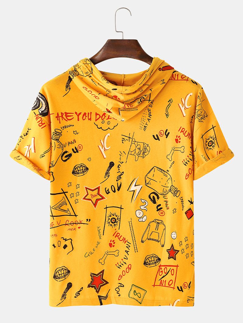 Grappige Cartoon Graffiti Print Casual T-shirts Met Korte Mouwen En Capuchon Voor Heren