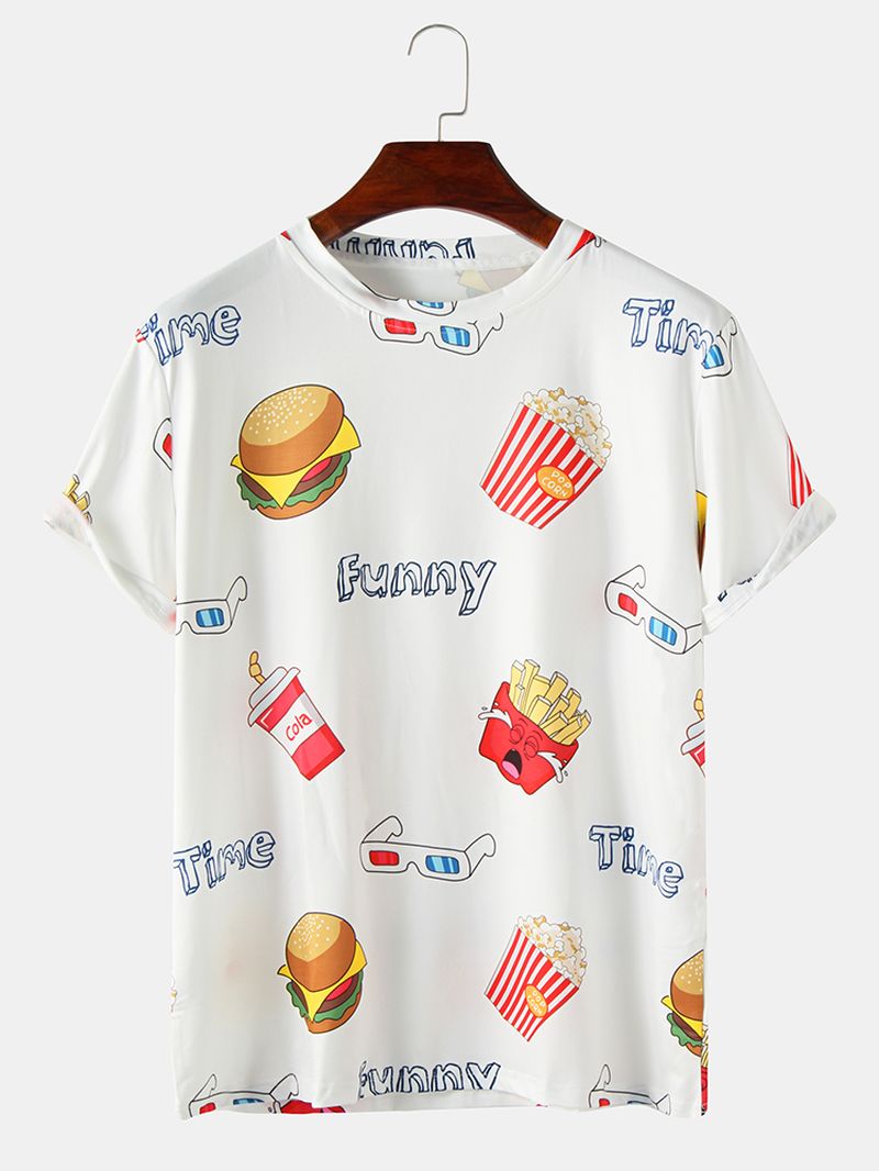 Grappige Fast Food Print Ronde Hals Katoenen T-shirts Met Korte Mouwen