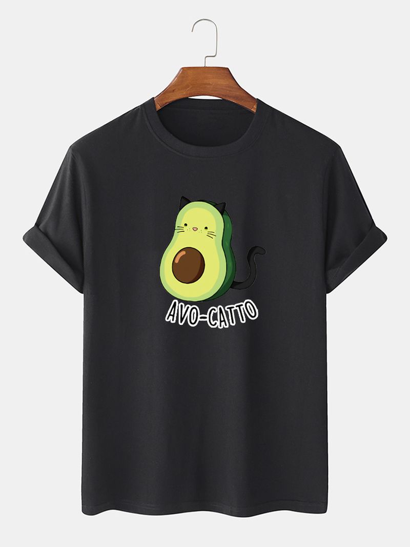 Heren 100% Katoenen Schattige Cartoon Avocado Kat Bedrukte Losse T-shirts Met Korte Mouwen