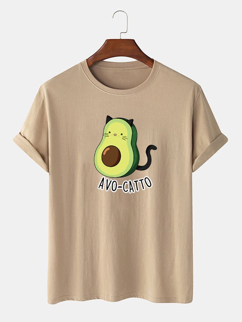 Heren 100% Katoenen Schattige Cartoon Avocado Kat Bedrukte Losse T-shirts Met Korte Mouwen