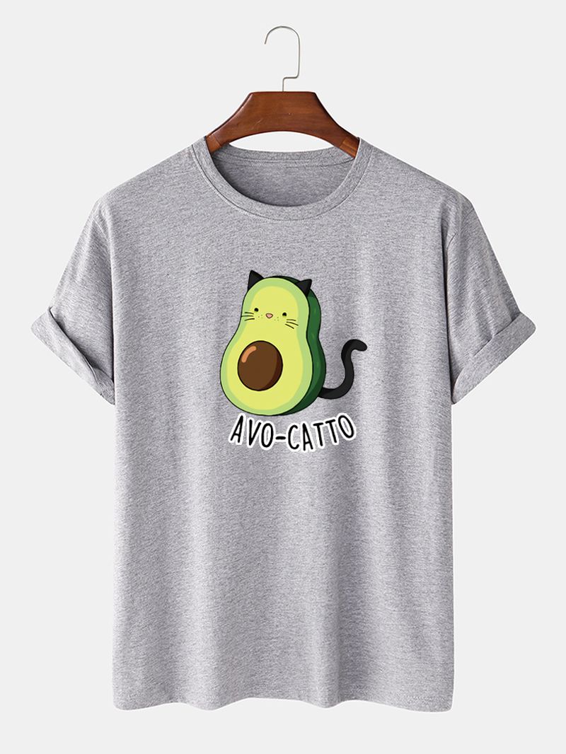 Heren 100% Katoenen Schattige Cartoon Avocado Kat Bedrukte Losse T-shirts Met Korte Mouwen