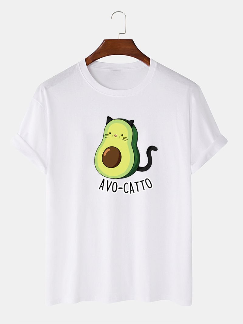 Heren 100% Katoenen Schattige Cartoon Avocado Kat Bedrukte Losse T-shirts Met Korte Mouwen