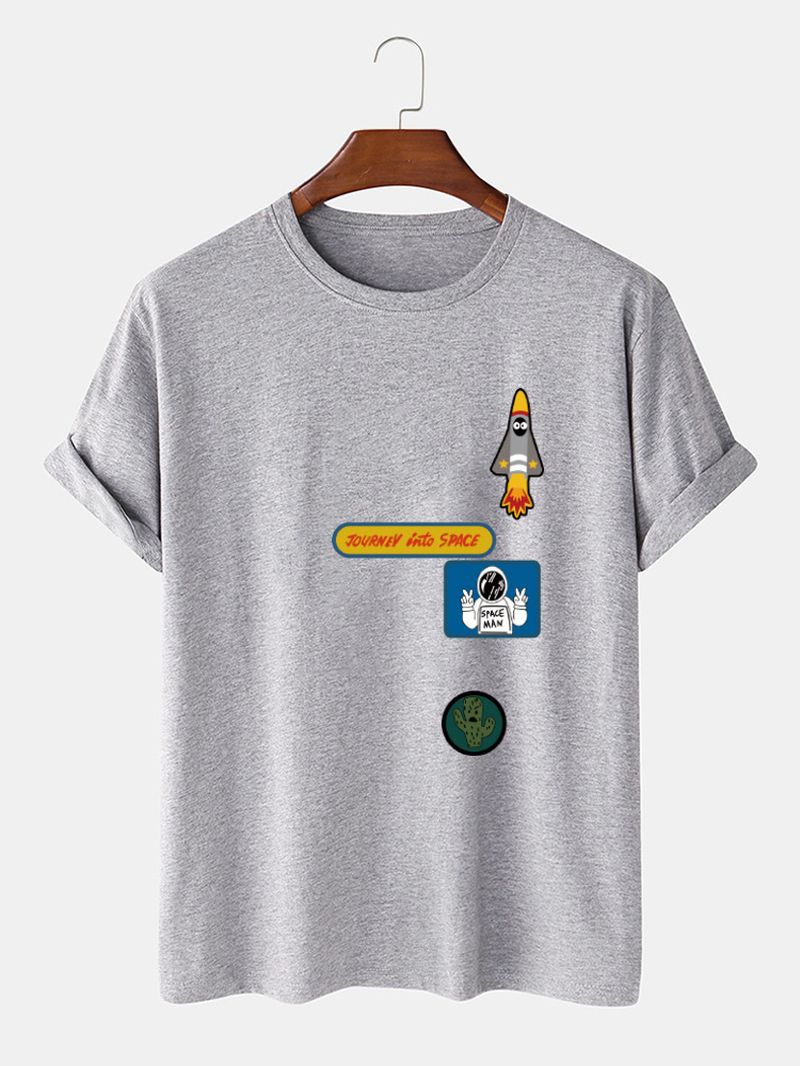 Heren Cartoon Astronaut Rocket Print O-hals 100% Katoenen T-shirt