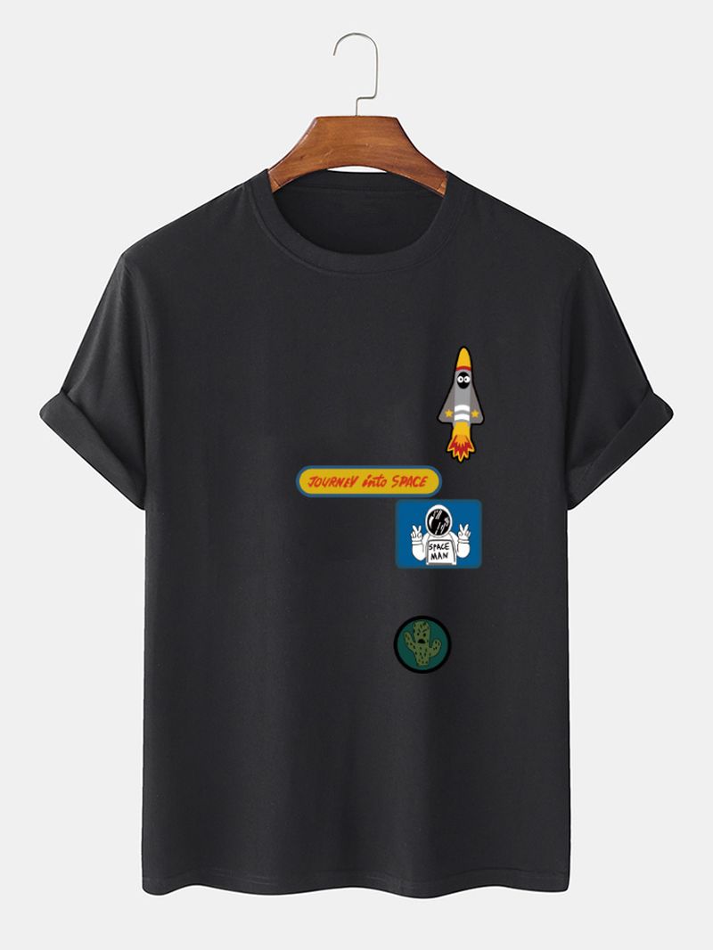 Heren Cartoon Astronaut Rocket Print O-hals 100% Katoenen T-shirt