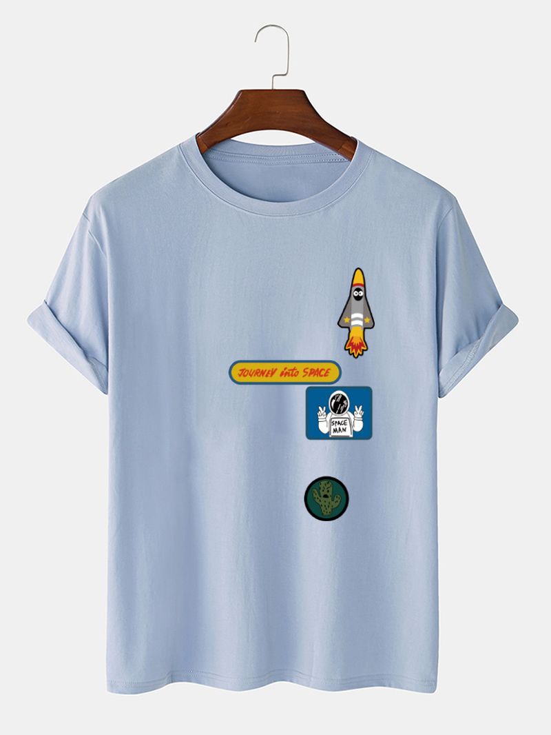 Heren Cartoon Astronaut Rocket Print O-hals 100% Katoenen T-shirt