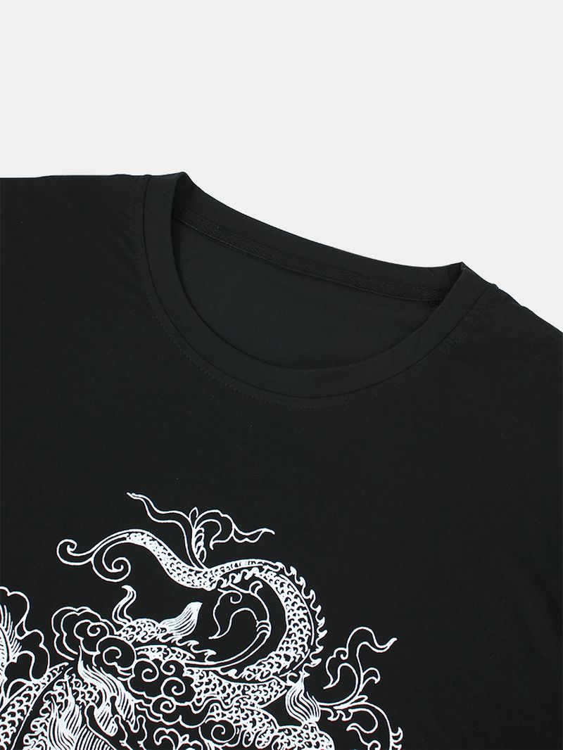 Heren Dragon Print Ademende T-shirts Met Ronde Hals En Korte Mouwen