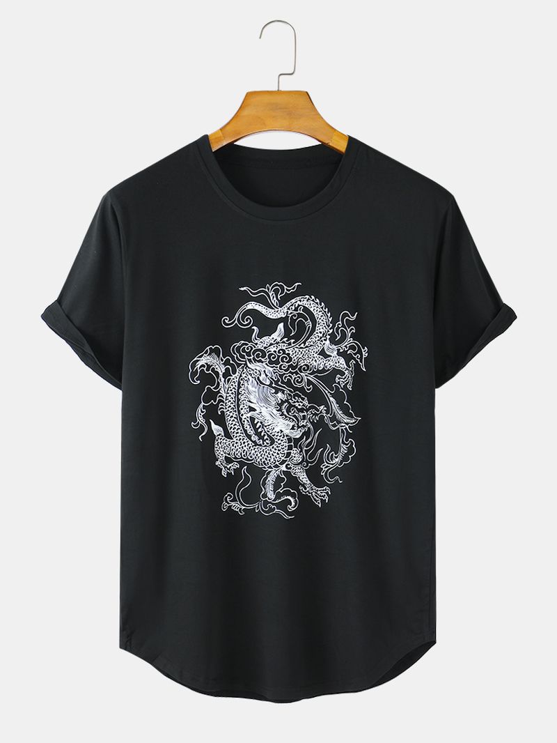 Heren Dragon Print Ademende T-shirts Met Ronde Hals En Korte Mouwen