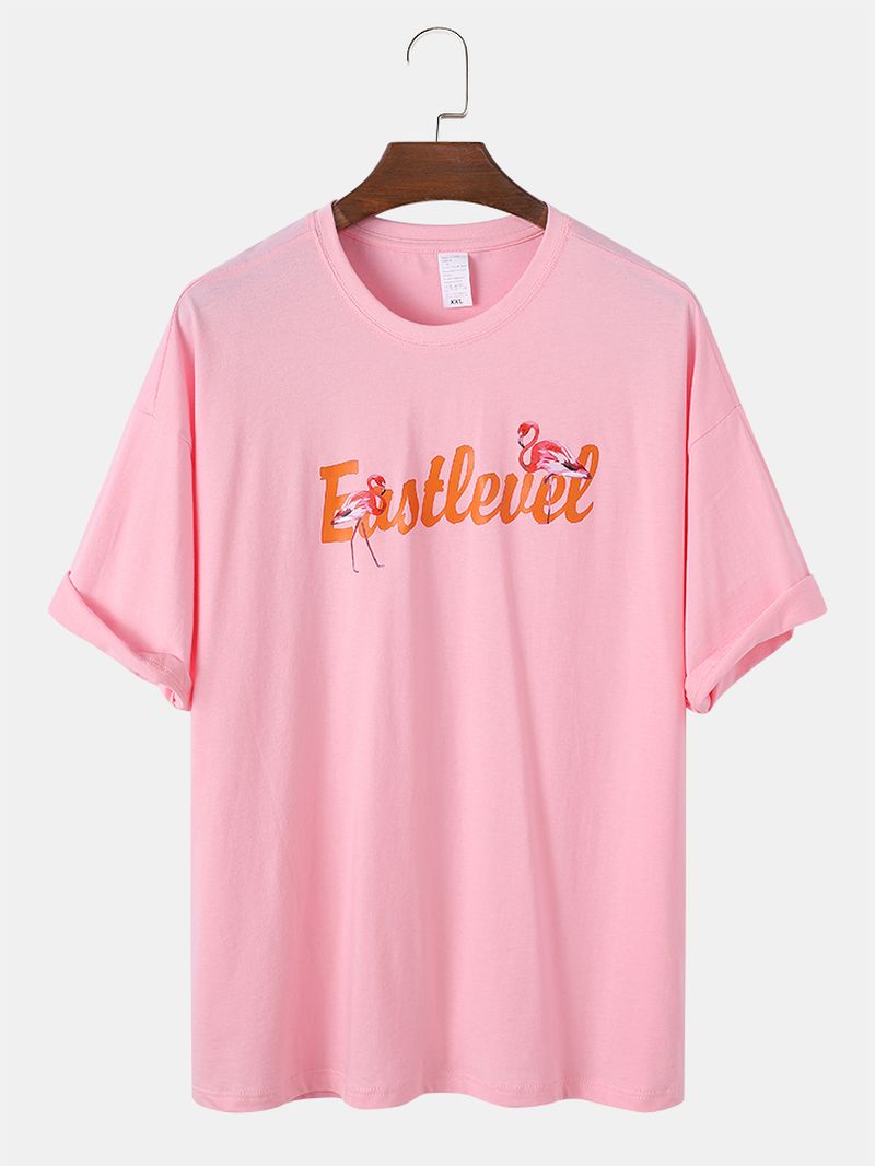 Heren Flamingo Letter Print Ronde Hals Losse Katoenen T-shirts Met Korte Mouwen