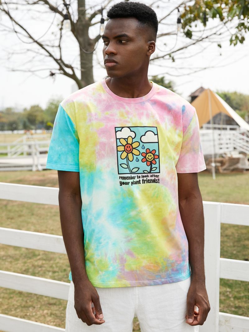 Heren Katoenen Schattige Bloemenpatroon Tie Dye T-shirts Met Korte Mouwen