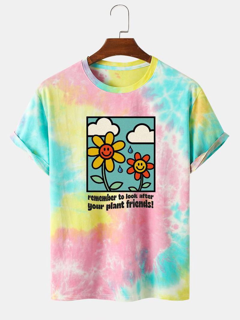 Heren Katoenen Schattige Bloemenpatroon Tie Dye T-shirts Met Korte Mouwen