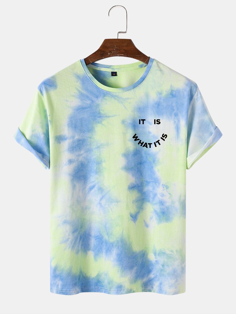 Heren Smile Letter Print Tie Dye Street T-shirts Met Ronde Hals