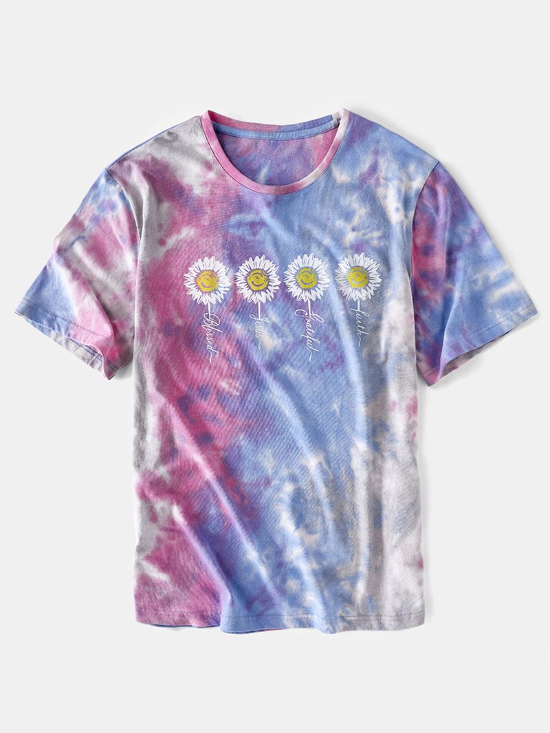 Heren T-shirt Met Kleine Bloemenprint Tie Dye Ronde Hals Met Korte Mouwen