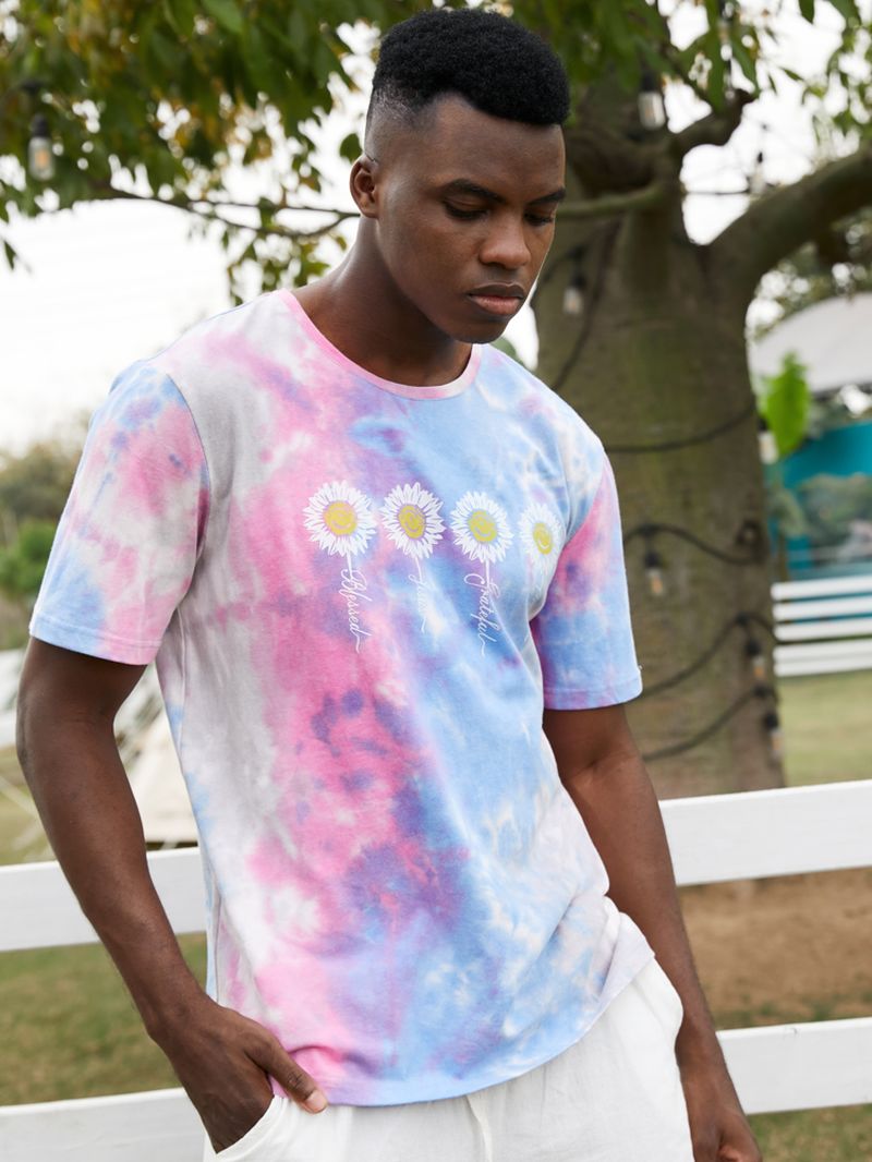 Heren T-shirt Met Kleine Bloemenprint Tie Dye Ronde Hals Met Korte Mouwen