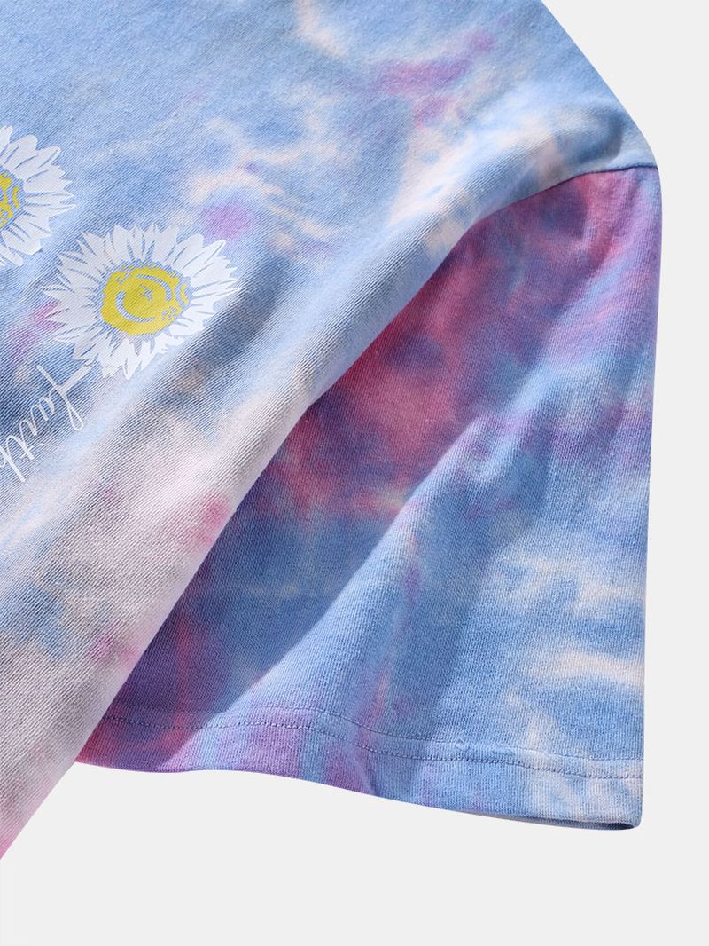 Heren T-shirt Met Kleine Bloemenprint Tie Dye Ronde Hals Met Korte Mouwen