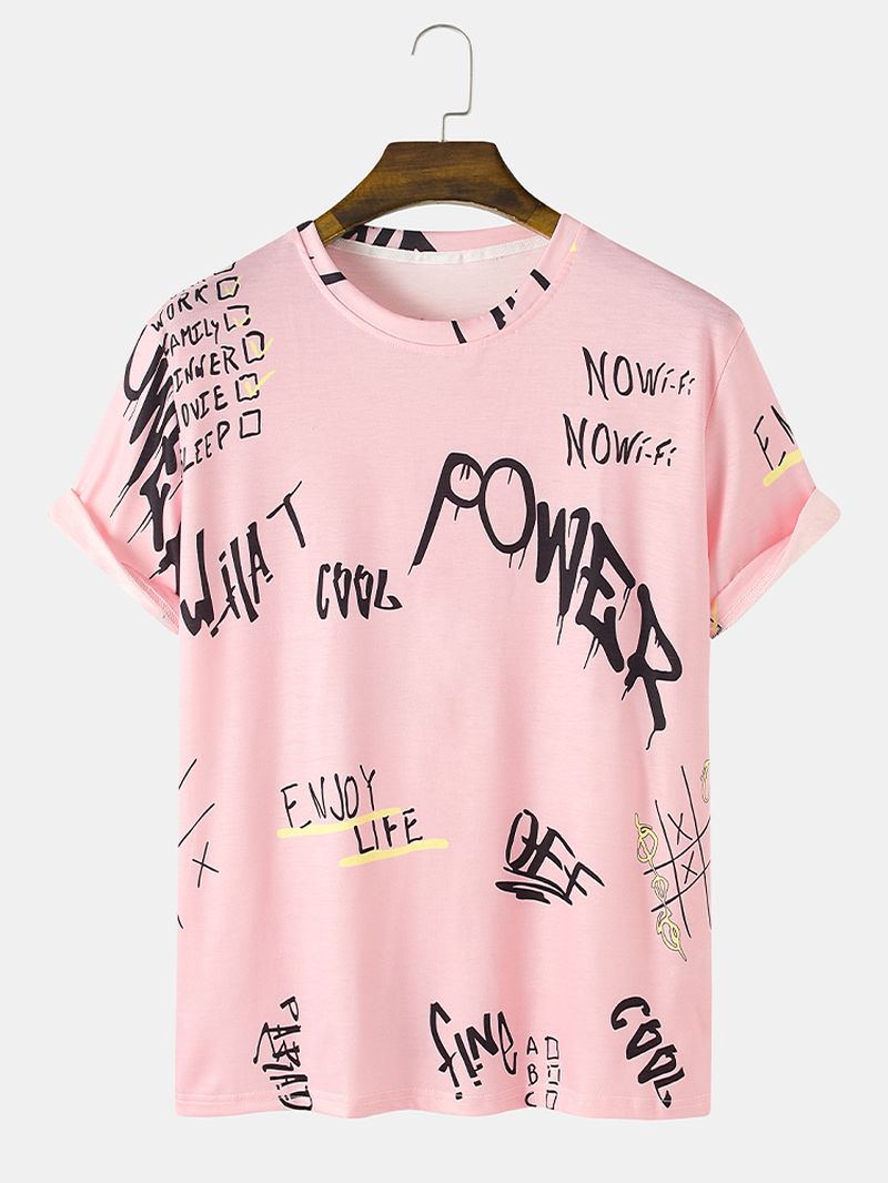 Heren T-shirts Met All-over Letter Graffiti Print Street Met Korte Mouwen