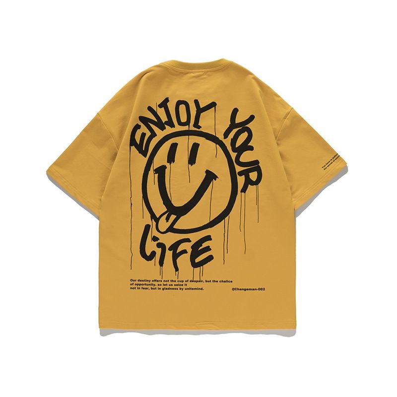Japans T-shirt Met Ronde Hals Tide Letter Smiley Print Casual Shirt Met Korte Mouwen En Losse Halve Mouwen