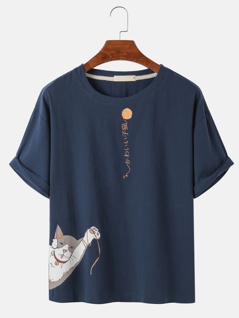 Katoen Leuke Cartoon Kattenpatroon Tekstprint Casual T-shirts Met Korte Mouwen