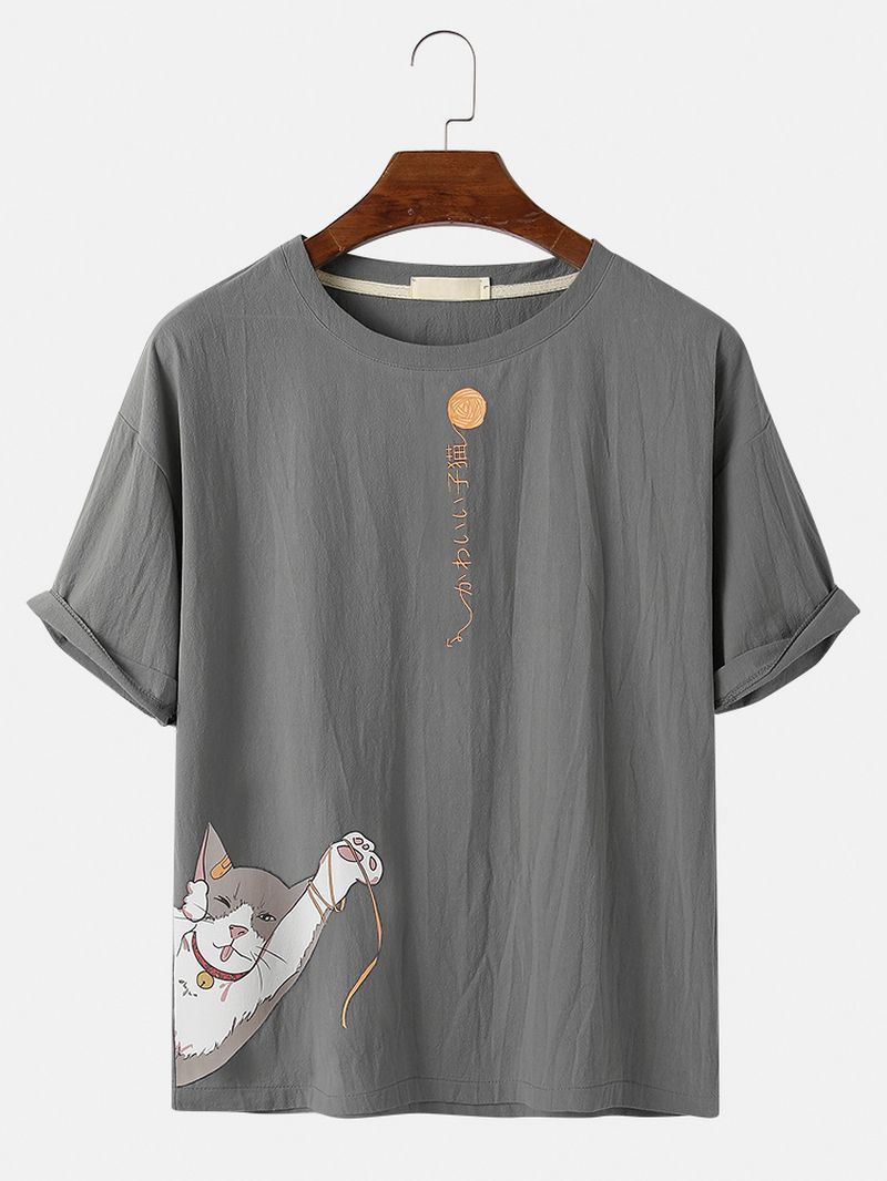 Katoen Leuke Cartoon Kattenpatroon Tekstprint Casual T-shirts Met Korte Mouwen