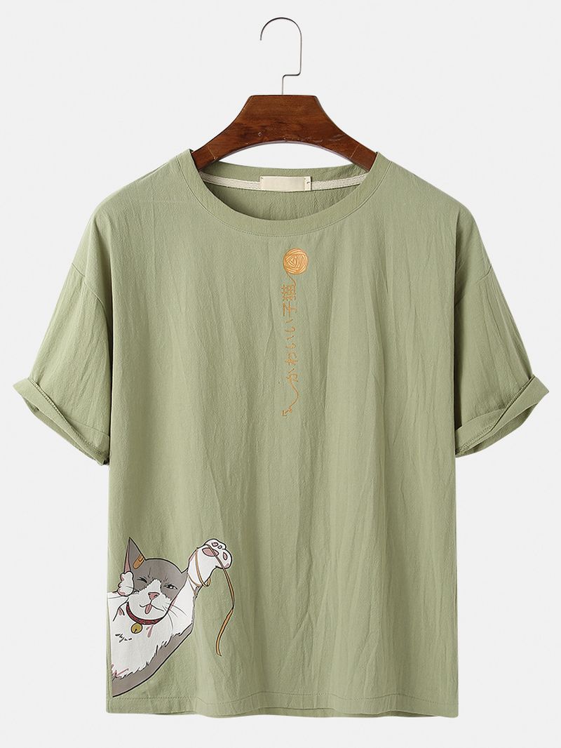 Katoen Leuke Cartoon Kattenpatroon Tekstprint Casual T-shirts Met Korte Mouwen