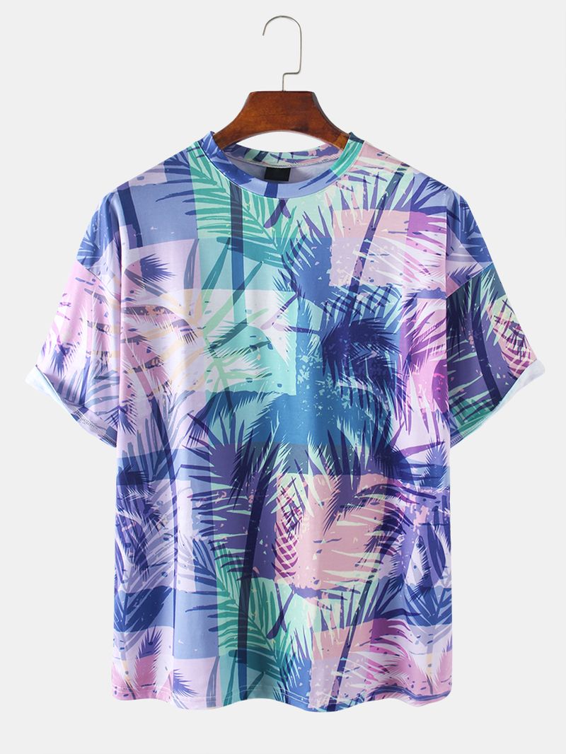 Katoenen Heren Kleurrijke Tropische Plantenbladeren Print Vakantie T-shirts Met Korte Mouwen