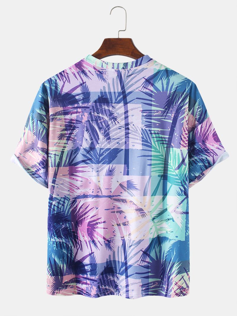 Katoenen Heren Kleurrijke Tropische Plantenbladeren Print Vakantie T-shirts Met Korte Mouwen