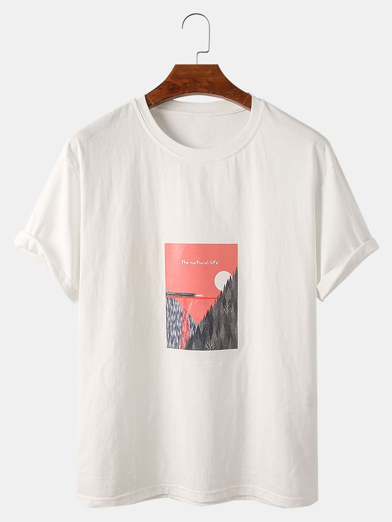 Katoenen Losse Casual T-shirts Met Korte Mouwen Voor Heren Met Landschapsprint