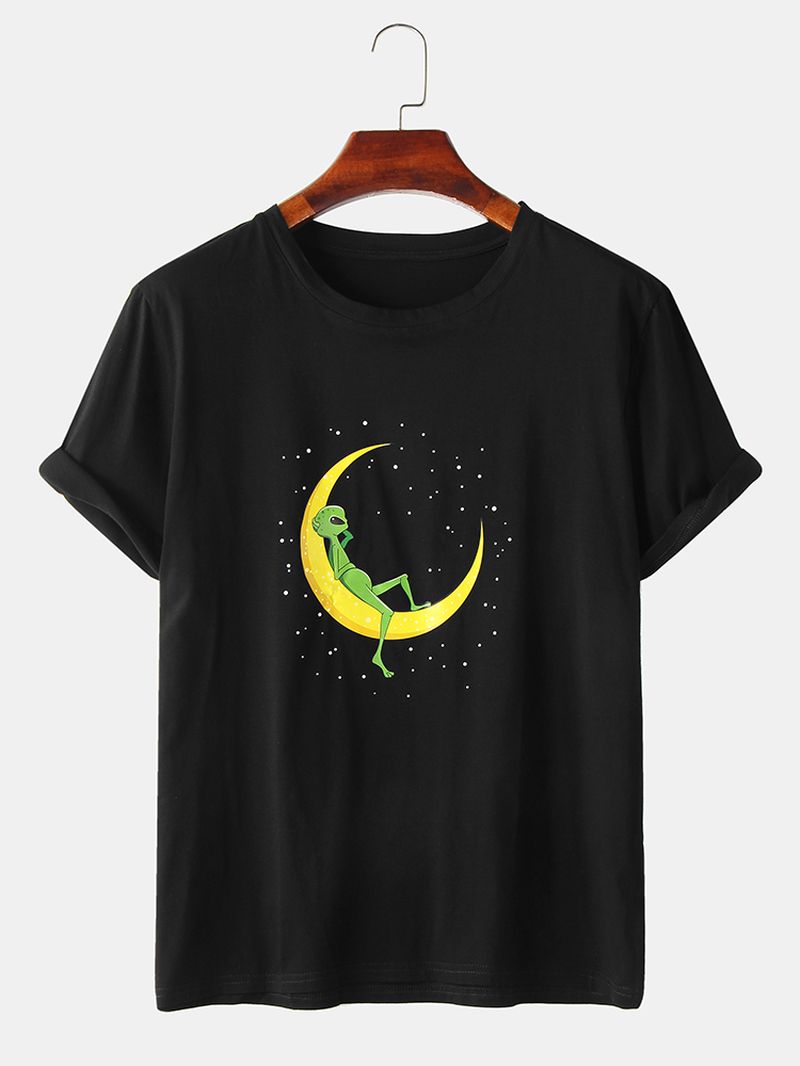 Katoenen T-shirts Met Alien & Moon-print En Korte Mouwen Voor Heren