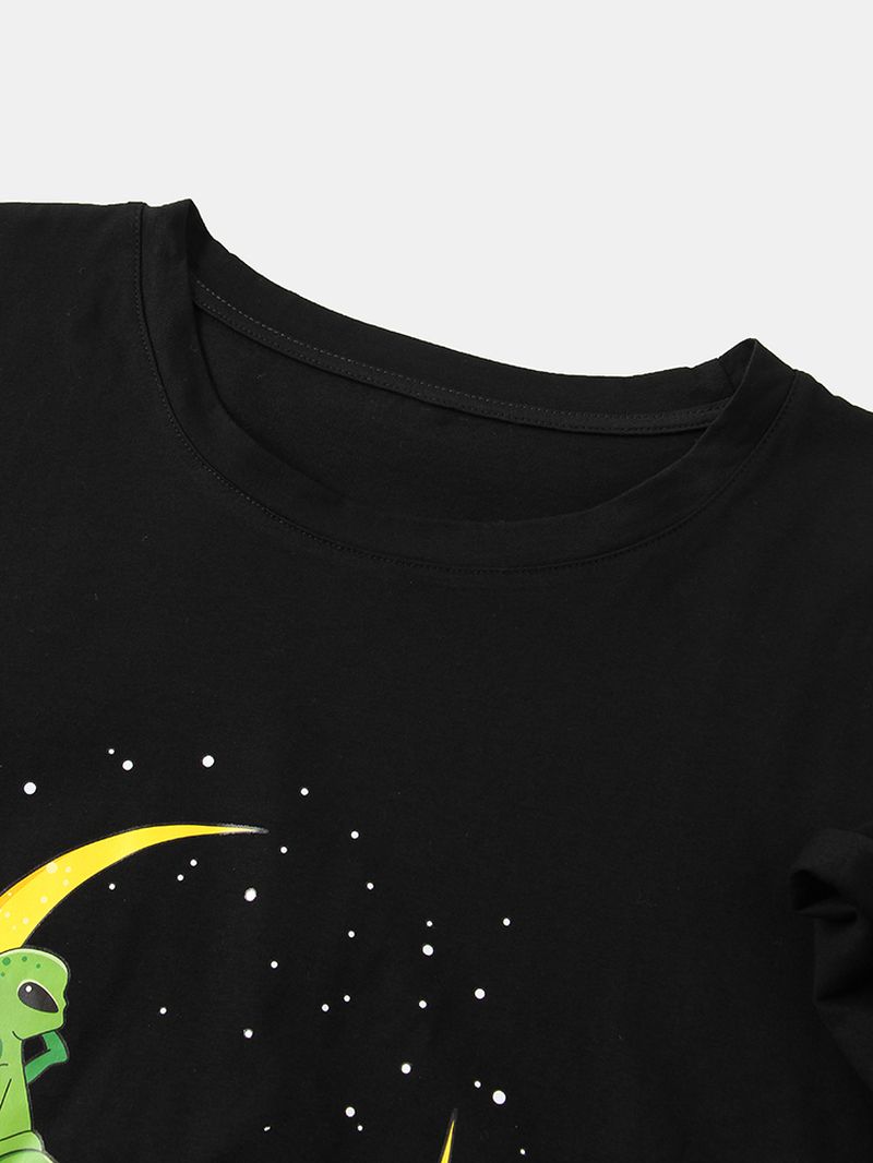 Katoenen T-shirts Met Alien & Moon-print En Korte Mouwen Voor Heren