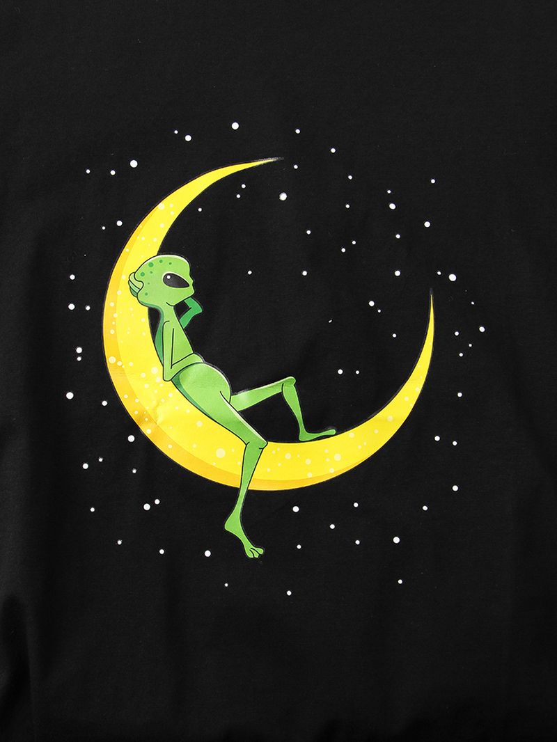 Katoenen T-shirts Met Alien & Moon-print En Korte Mouwen Voor Heren