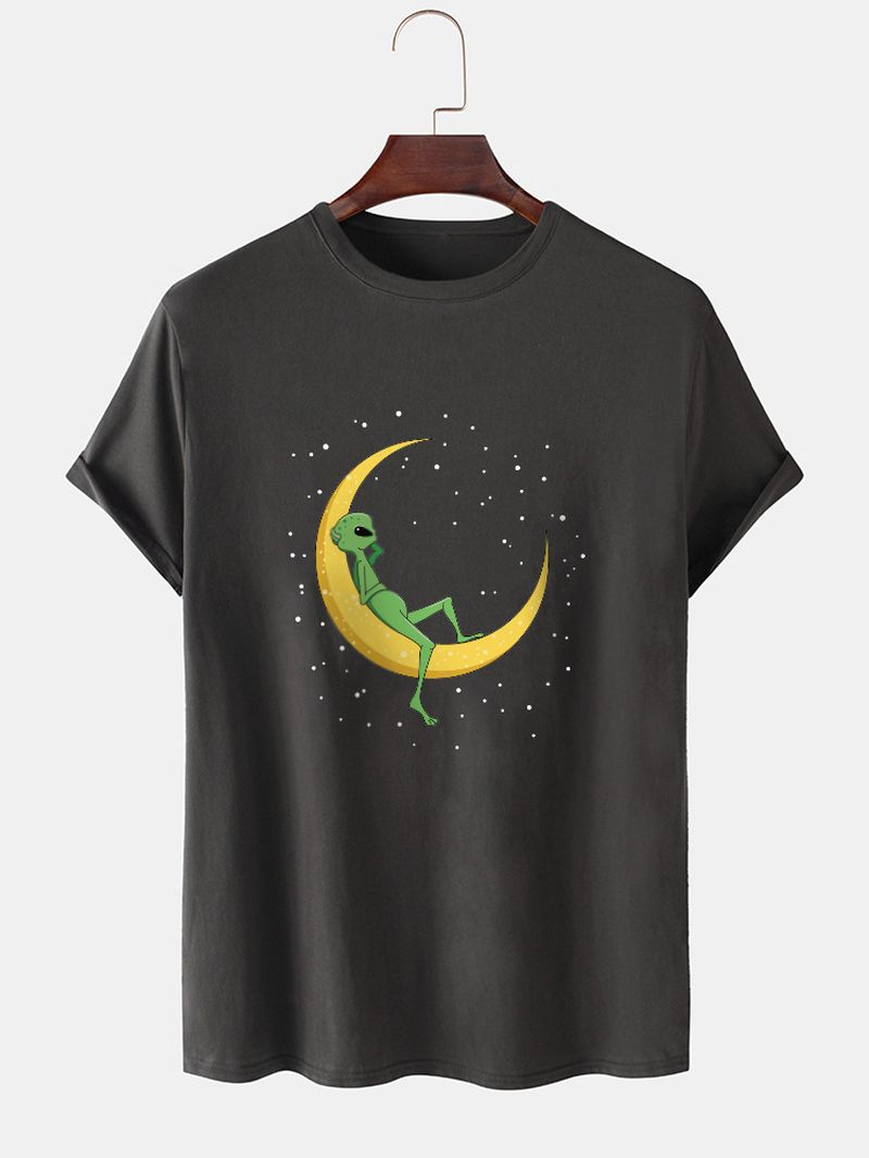 Katoenen T-shirts Met Alien & Moon-print En Korte Mouwen Voor Heren