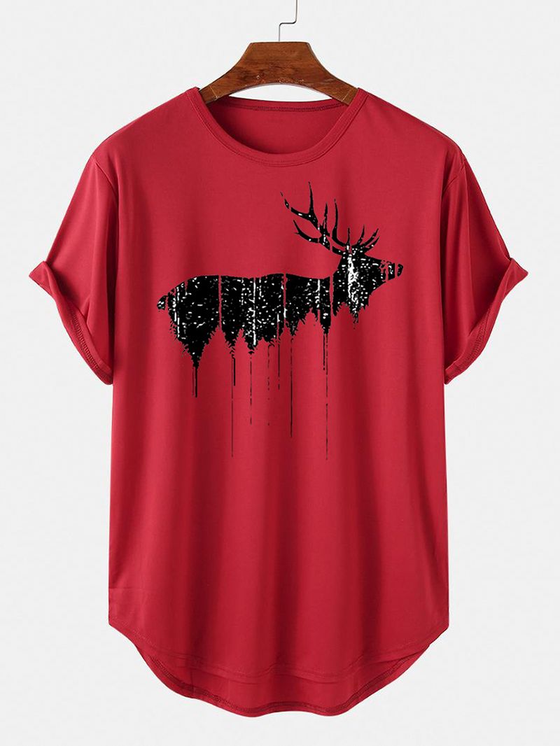 Kerst Heren Design Elk Print Gebogen Zoom Korte Mouw T-shirts
