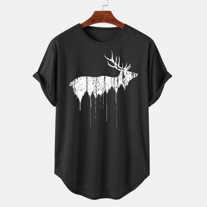 Kerst Heren Design Elk Print Gebogen Zoom Korte Mouw T-shirts