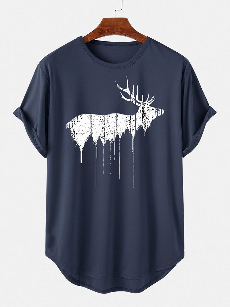Kerst Heren Design Elk Print Gebogen Zoom Korte Mouw T-shirts