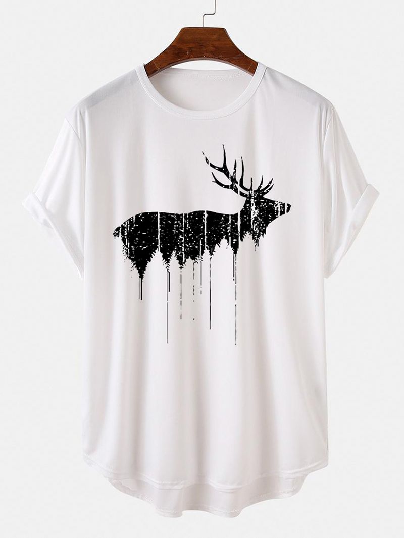 Kerst Heren Design Elk Print Gebogen Zoom Korte Mouw T-shirts