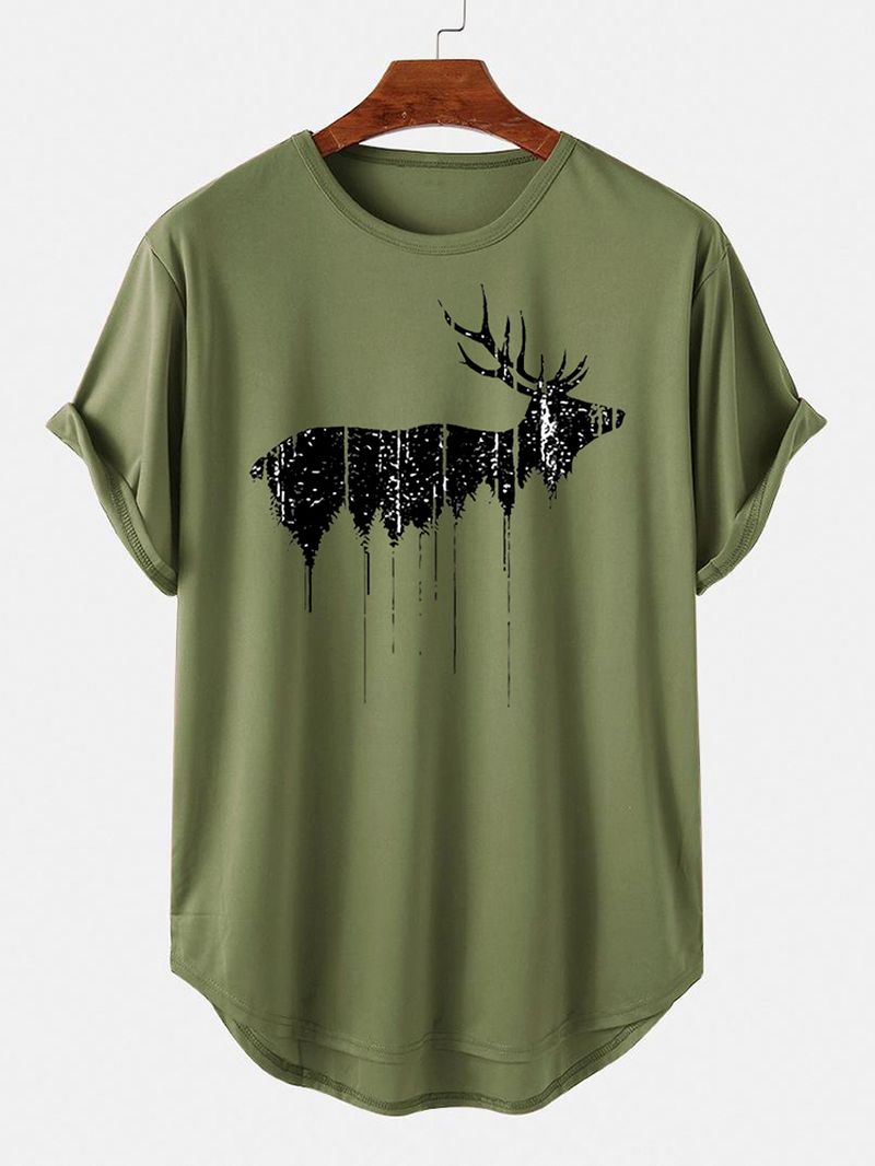 Kerst Heren Design Elk Print Gebogen Zoom Korte Mouw T-shirts