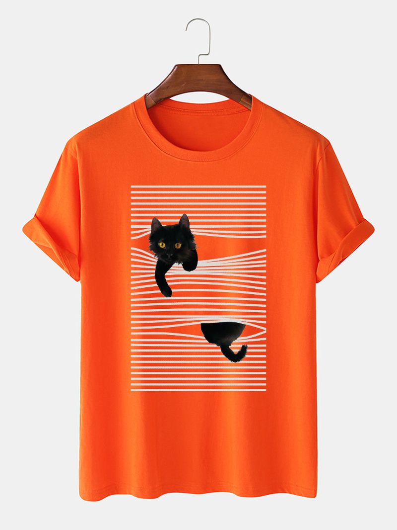 Leuke T-shirts Met Korte Mouwen Van Katoenlijn En Cartoonkattenprint Voor Heren