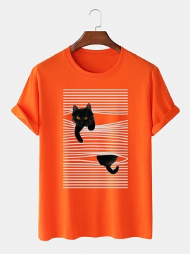 Leuke T-shirts Met Korte Mouwen Van Katoenlijn En Cartoonkattenprint Voor Heren