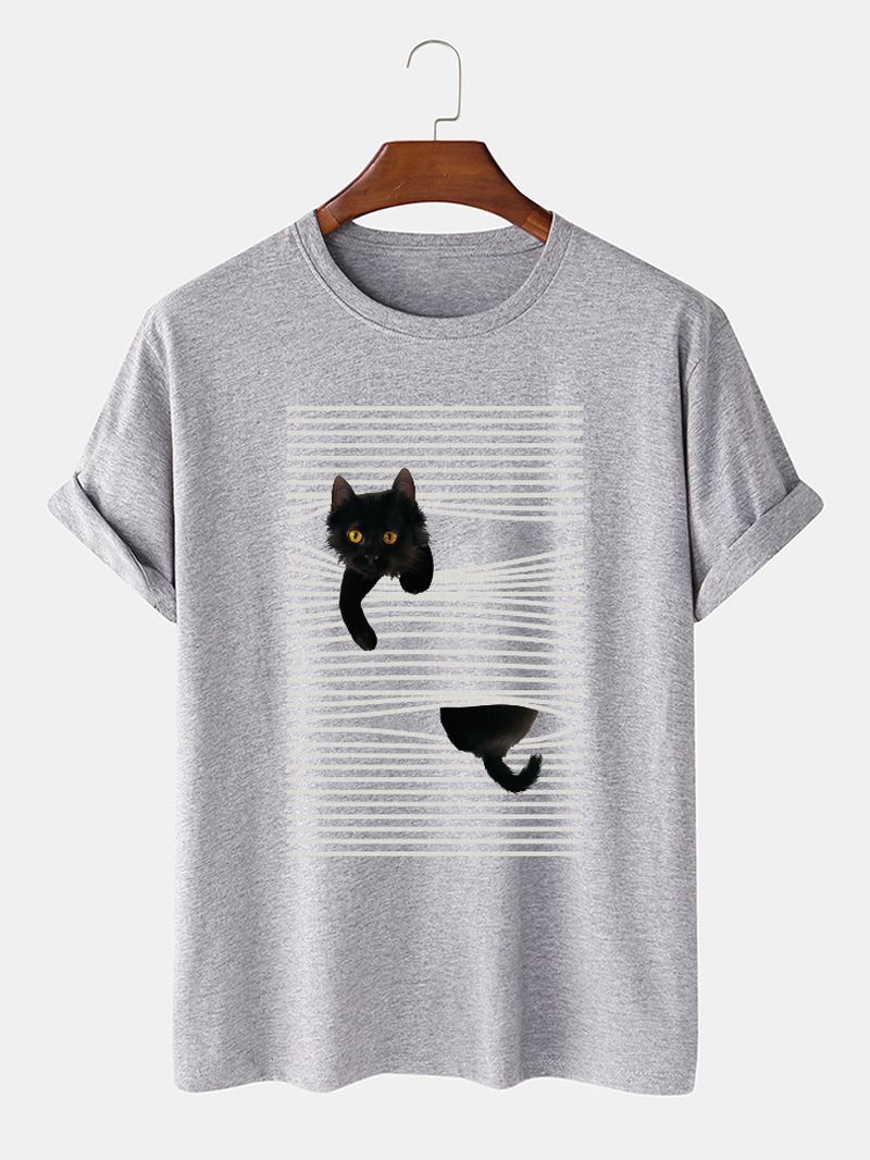 Leuke T-shirts Met Korte Mouwen Van Katoenlijn En Cartoonkattenprint Voor Heren