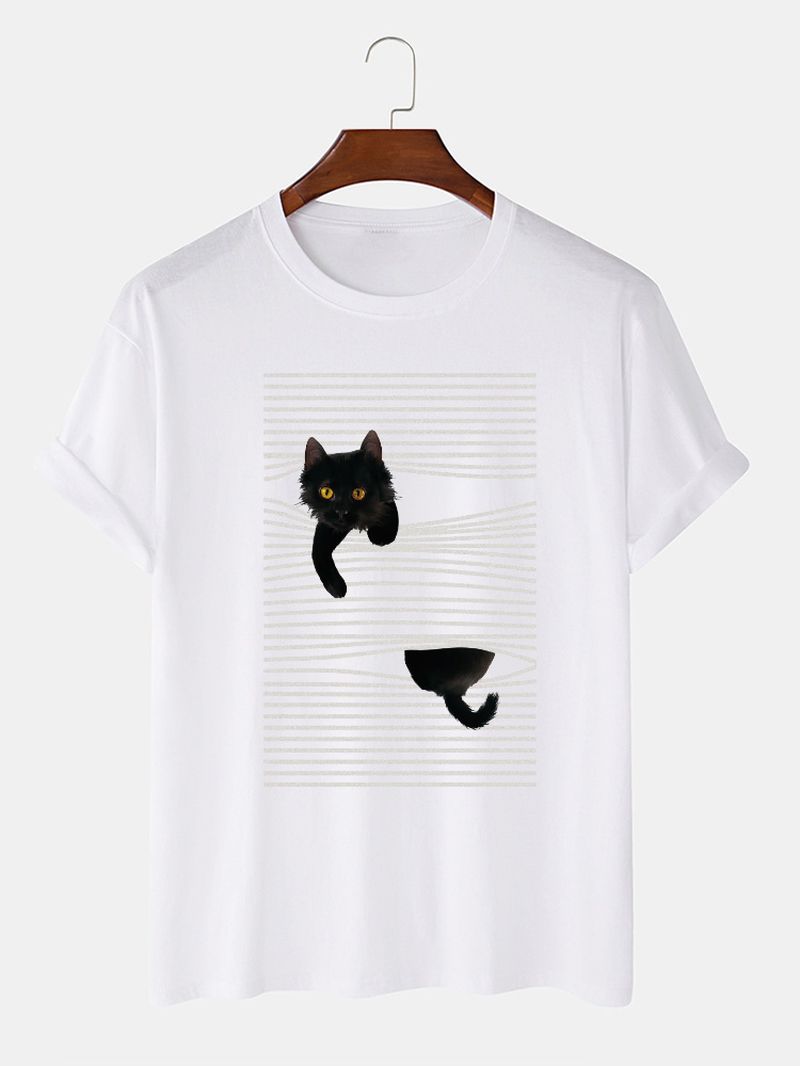 Leuke T-shirts Met Korte Mouwen Van Katoenlijn En Cartoonkattenprint Voor Heren