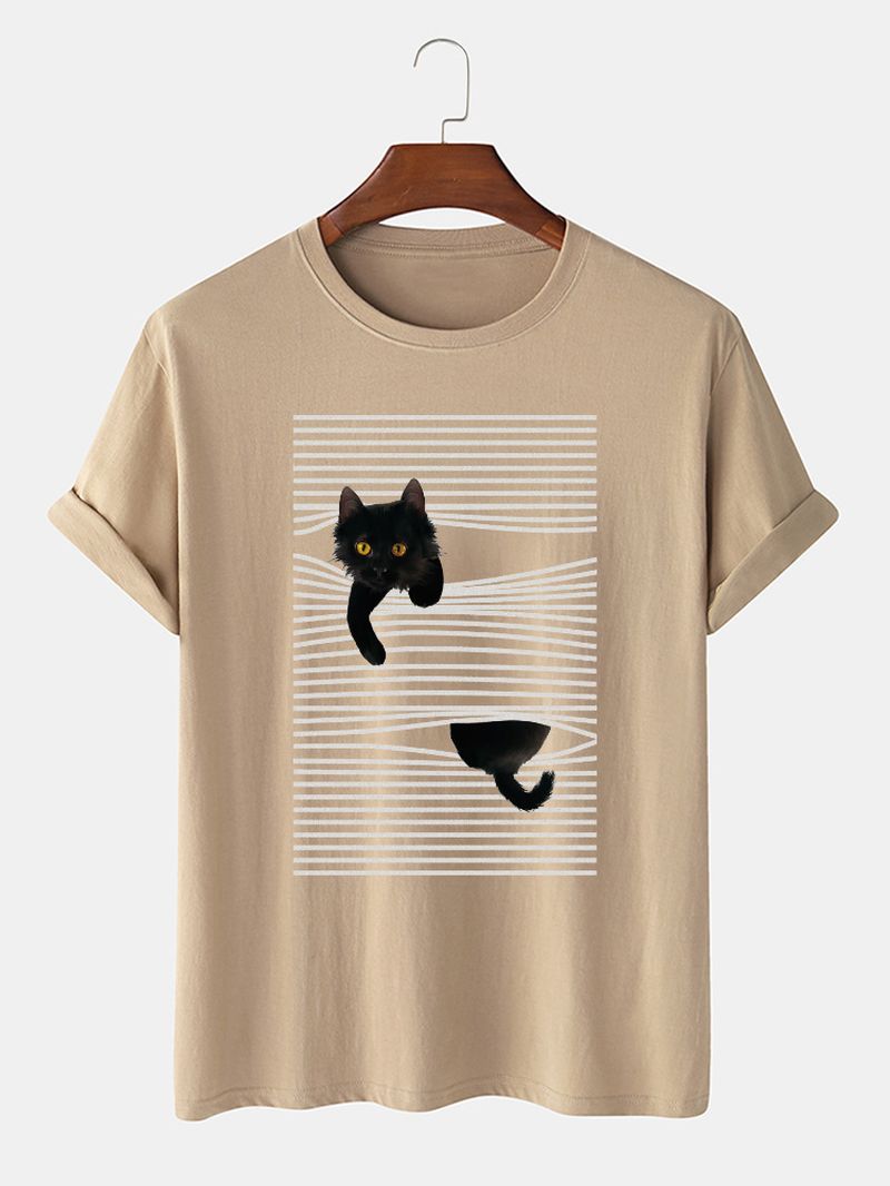 Leuke T-shirts Met Korte Mouwen Van Katoenlijn En Cartoonkattenprint Voor Heren