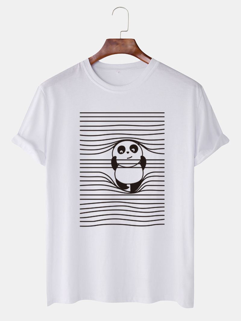 Leuke T-shirts Met Ronde Hals En Korte Mouwen Voor Heren Cartoon Panda & Line Print