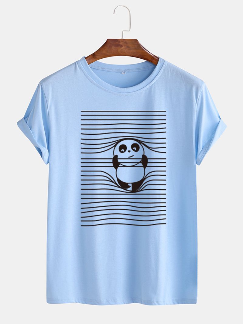 Leuke T-shirts Met Ronde Hals En Korte Mouwen Voor Heren Cartoon Panda & Line Print