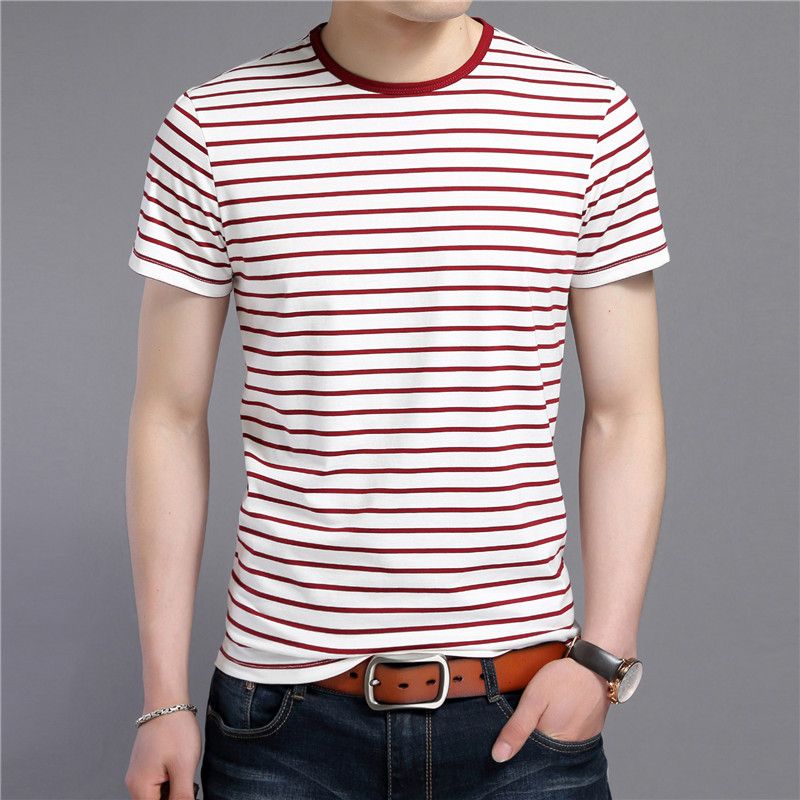 Ronde Hals Pullover Heren T-shirt Met Korte Mouwen Koreaanse Stijl Slim Mannen Strepen