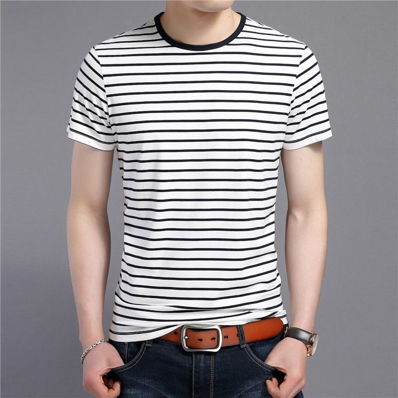 Ronde Hals Pullover Heren T-shirt Met Korte Mouwen Koreaanse Stijl Slim Mannen Strepen