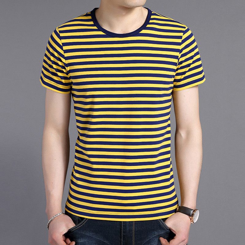 Ronde Hals Pullover Heren T-shirt Met Korte Mouwen Koreaanse Stijl Slim Mannen Strepen