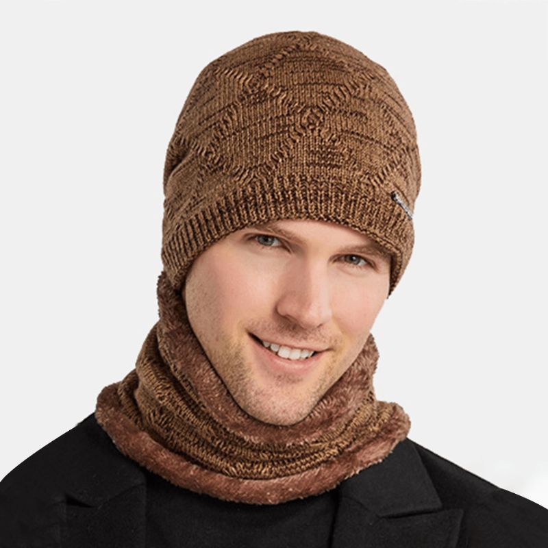 2 Stuks Mannen Herfst Winter Warm Gebreide Baotou Cap Sjaal Plaid Patroon Outdoor Fietsen Gehoorbescherming Winddicht Beanie Skull Hoed